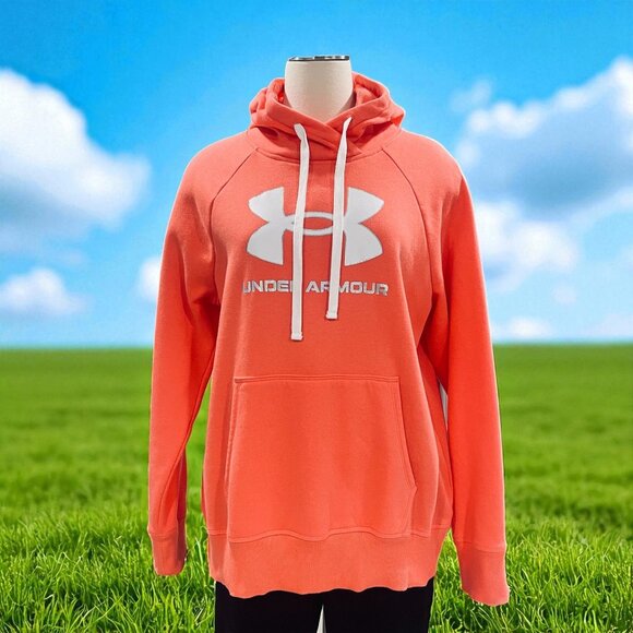 Under Armour Women’s Hoodie SZ Large Coral Orange Logo Pullover Fleece Fall Soft - Picture 1 of 9